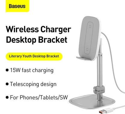 Baseus Desktop Wireless Charger Holder/Stand for Smartphone/Tablet (Youth Holder, Silver) - Saif Al Najmi Kw