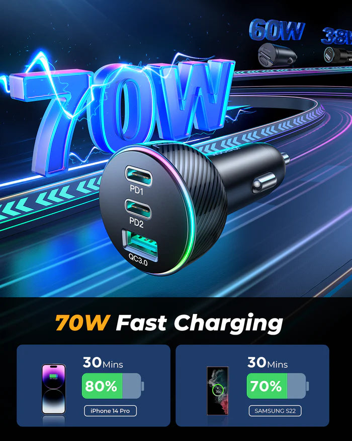 Joyroom 70W Car Charger 2PD+1USB Car Charger-Black JR-CL26 - Saif Al Najmi Kw