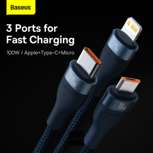 Baseus CASS03103 Flash Series II 100W Fast Charging Multi Cable 3 in 2 Cable 1.2M