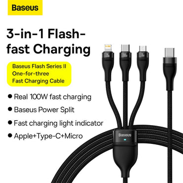 Baseus Flash Series Ⅱ One-For-Three Fast Charging Cable Type-C to M+L+C 100W