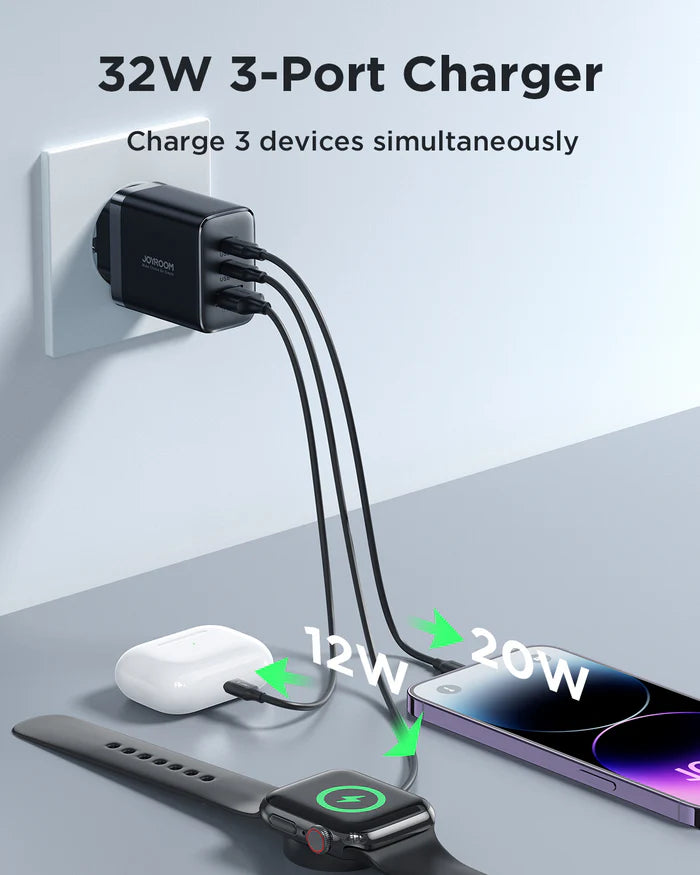 JR-TCF10 Mini Fast Charger - 32W, Dual PD & QC Ports for Quick Charging
