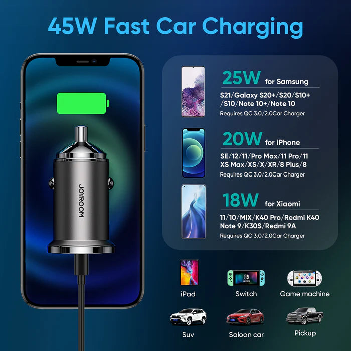 JOYROOM 45W Mini 2-port ring-pull fast car charger C-A35 - GREY - Saif Al Najmi Kw