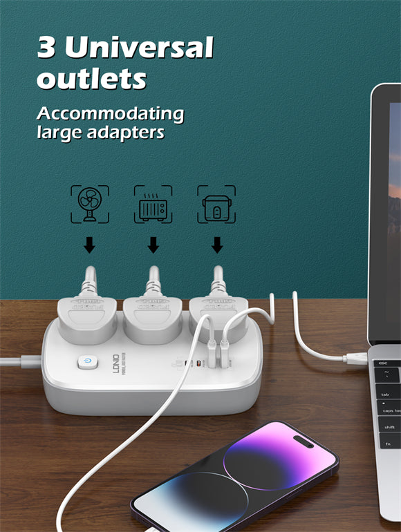 3 AC Outlets 4 USB Power Strip SC3416