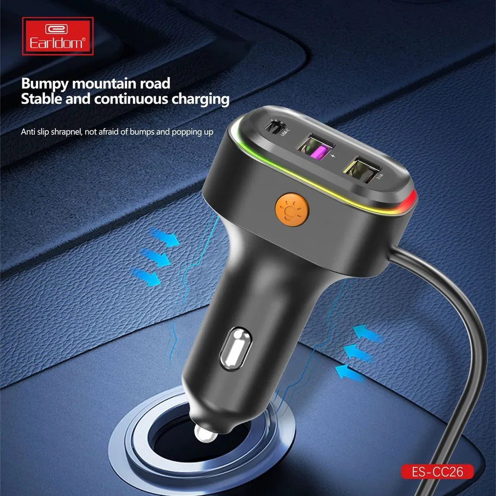 Earldom® CC26 RGB 6in1 66W car charger with cable extension