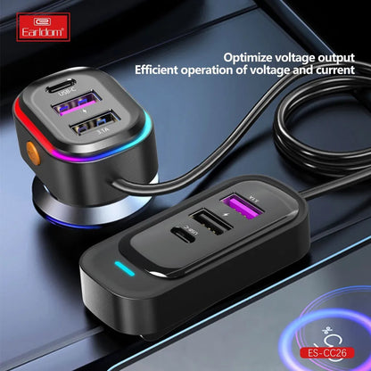 Earldom® CC26 RGB 6in1 66W car charger with cable extension