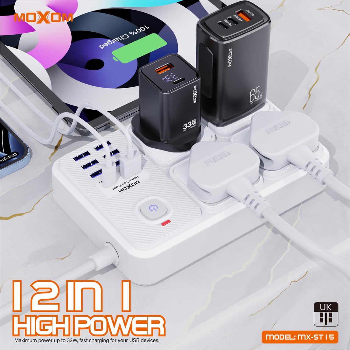 Moxom 12 in 1 2500W Power Strip with Four Triple Sockets