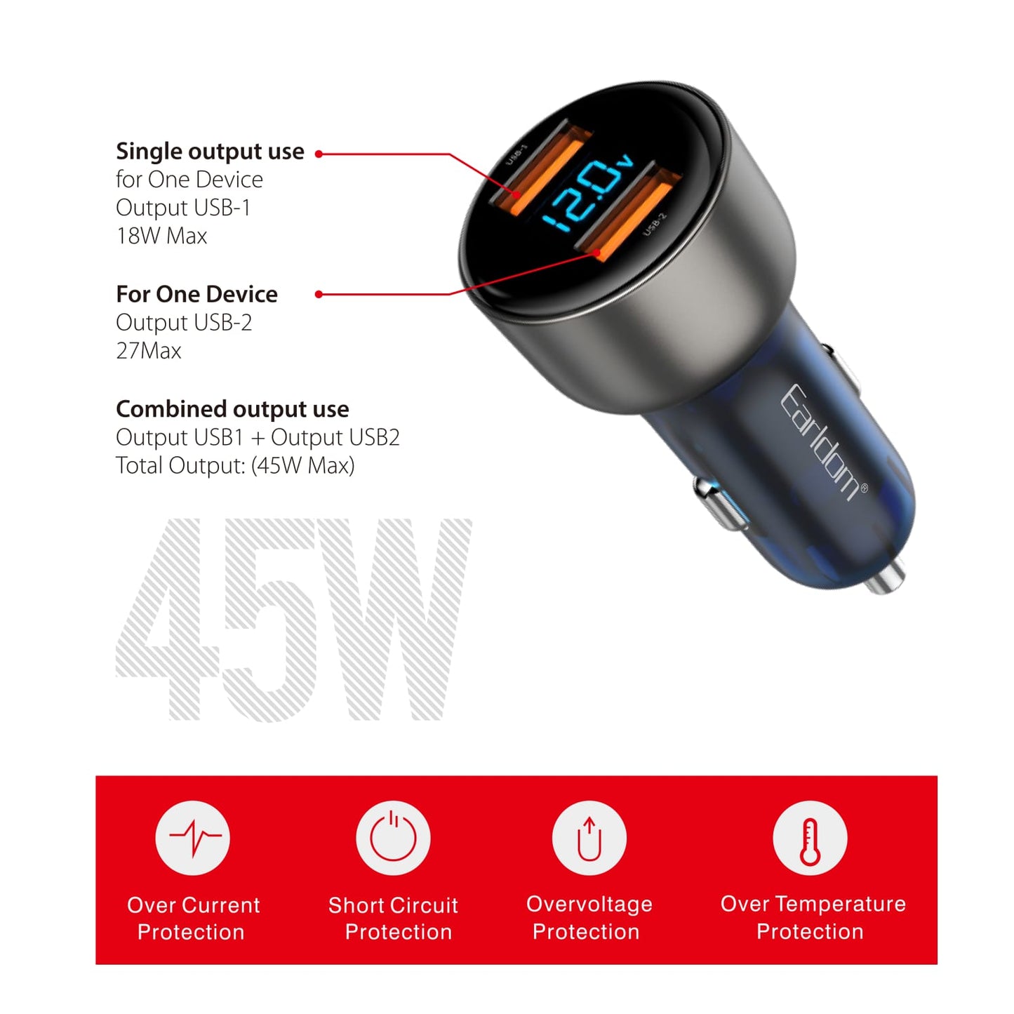 Earldom CC9 Digital Display Car Charger 45W