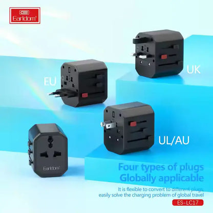 Earldom LC17 USB International Travel Adapter with Type-C to USB 3.0 Adapter