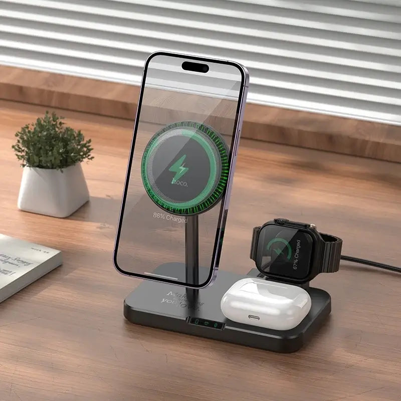 Hoco 3 in 1 Magnetic Wireless Fast Charger CQ12 - Fast Charging for Smartphone, Apple Watch, and AirPods