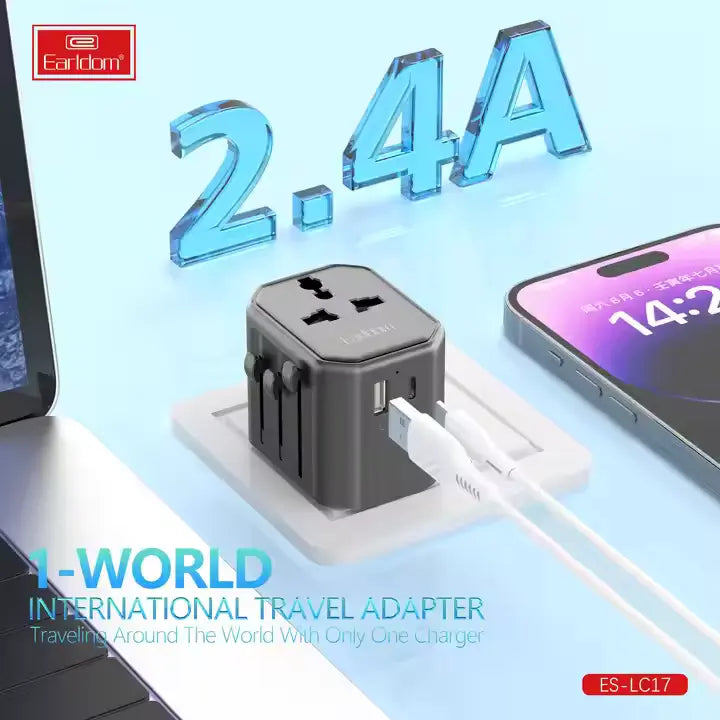 Earldom LC17 USB International Travel Adapter with Type-C to USB 3.0 Adapter