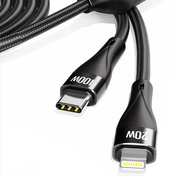 MOXOM 100W 2 In 1 Multi Charging Fast Charger Data Cable Nylon Braided Type-C to Type-C Lightning Data Cable - Black - Saif Al Najmi Kw