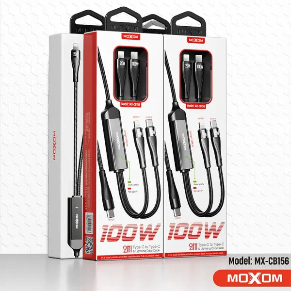 MOXOM 100W 2 In 1 Multi Charging Fast Charger Data Cable Nylon Braided Type-C to Type-C Lightning Data Cable - Black - Saif Al Najmi Kw