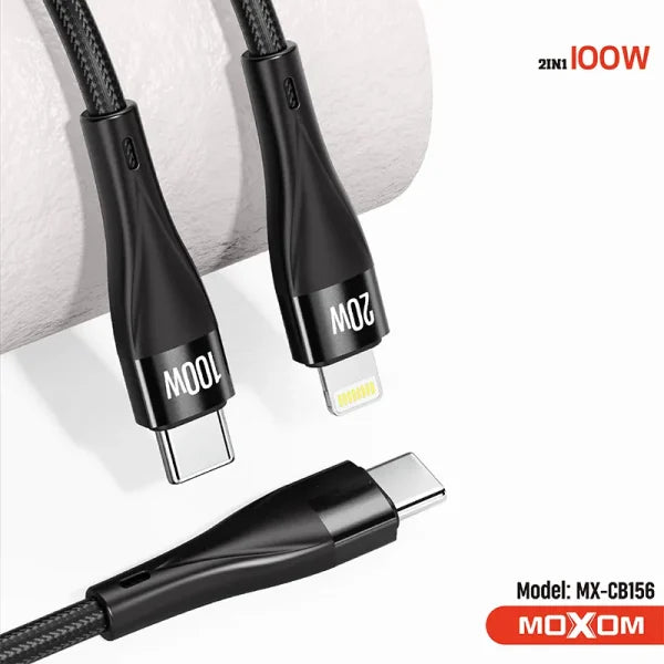 MOXOM 100W 2 In 1 Multi Charging Fast Charger Data Cable Nylon Braided Type-C to Type-C Lightning Data Cable - Black - Saif Al Najmi Kw