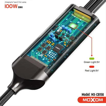 MOXOM 100W 2 In 1 Multi Charging Fast Charger Data Cable Nylon Braided Type-C to Type-C Lightning Data Cable - Black - Saif Al Najmi Kw