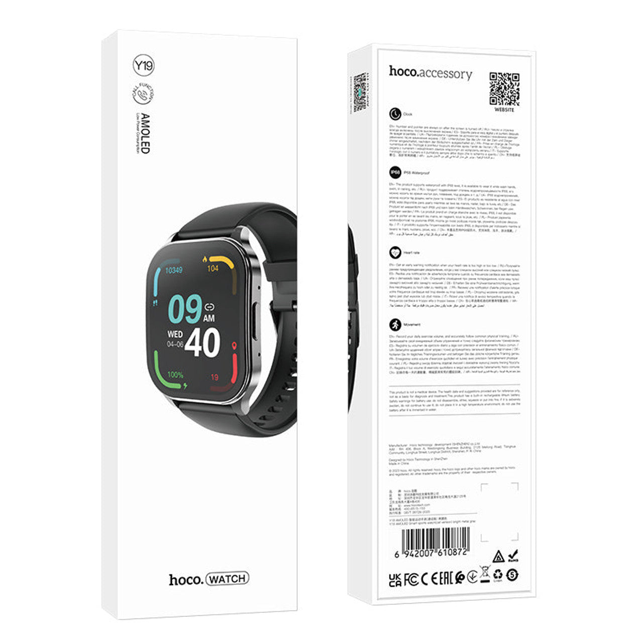 Hoco Y19 AMOLED Bluetooth Smart Sports Watch 1.96 Inch, IP68 Waterproof - Black