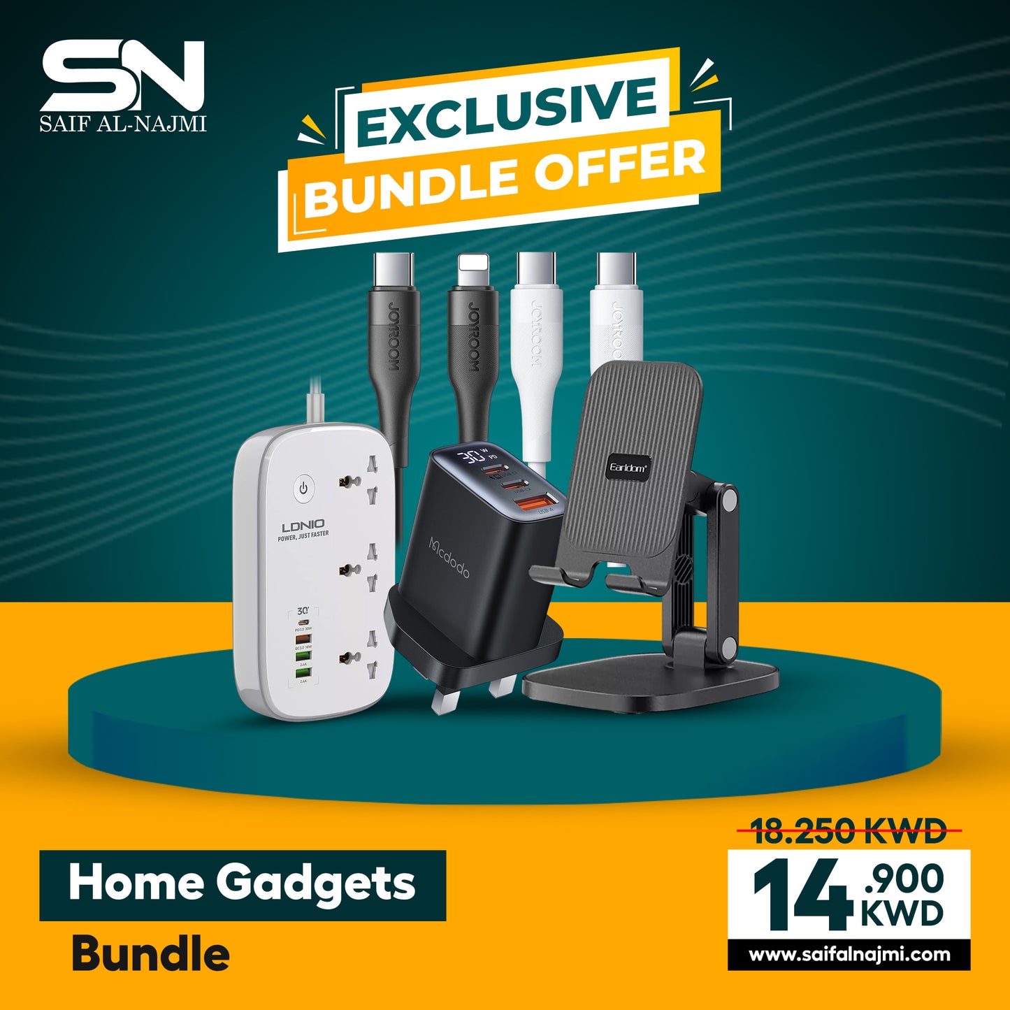 Home Gadgets Bundle - 5 Premium Accessories for Your Devices (Charger, Cables, Stand & Power Strip)