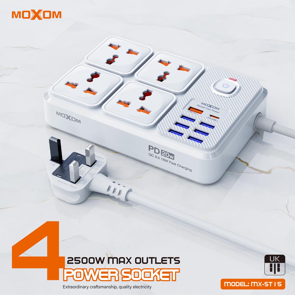 Moxom 12 in 1 2500W Power Strip with Four Triple Sockets