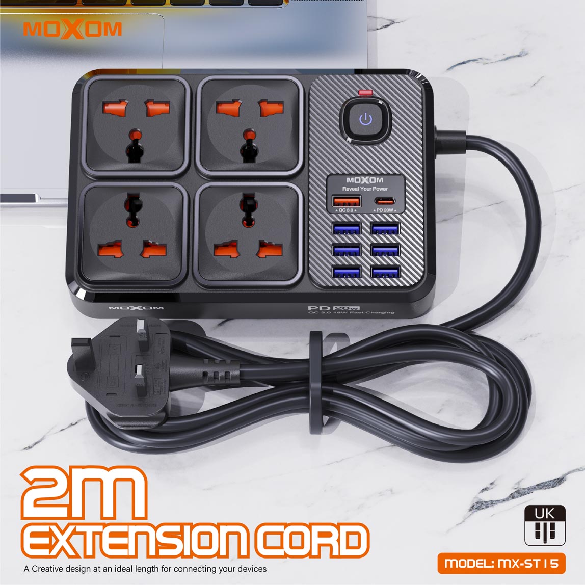 Moxom 12 in 1 2500W Power Strip with Four Triple Sockets