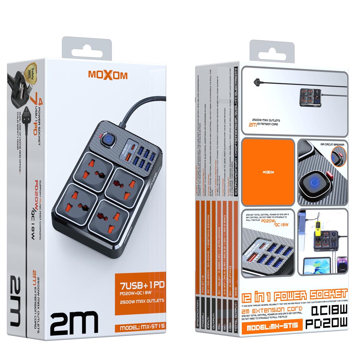 Moxom 12 in 1 2500W Power Strip with Four Triple Sockets