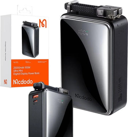 Mcdodo MC-0561 25000mAh Power Bank with Built-in Cable, 100W Fast Charging & Digital Display