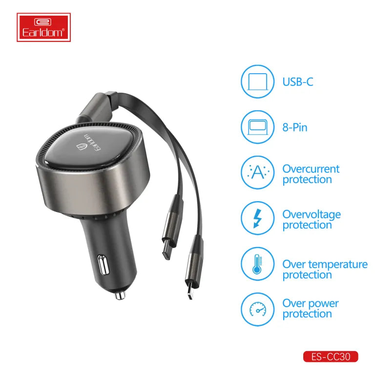 Earldom ES-CC30 30W Retractable USB C Car Charger