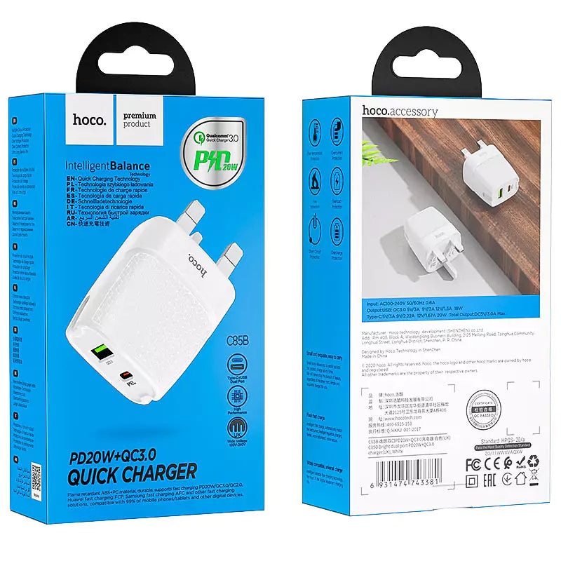 C85B Bright dual port PD20W+QC3.0 charger(UK) - White - Saif Al Najmi Kw