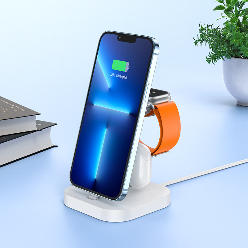 HOCO CW43 3-in -1 Desktop Dock Station 5V 2.1A Charger For iPhone 14 13 Pro Max Wireless Charger Stand For iWatch 8 7 SE 2 Ultra - Saif Al Najmi Kw