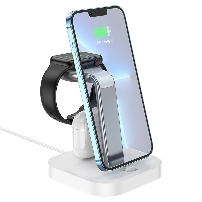 HOCO CW43 3-in -1 Desktop Dock Station 5V 2.1A Charger For iPhone 14 13 Pro Max Wireless Charger Stand For iWatch 8 7 SE 2 Ultra - Saif Al Najmi Kw