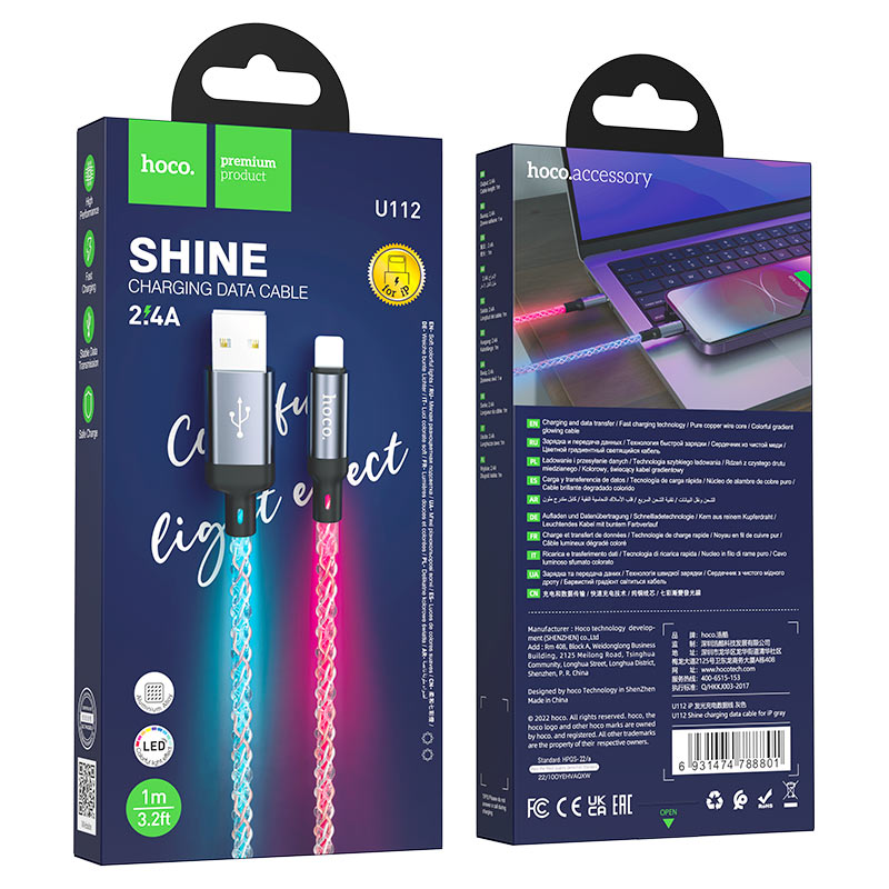 Hoco U112 Shine charging data cable for iP 1M - Gray