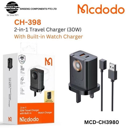 Mcdodo CH-398 30W 2-in-1 UK Travel Charger 3Pin USB A + USB C + Watch Charger