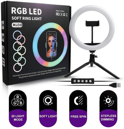 MJ-30 RGB LED Soft Ring Light with Stand - Selfie Light for Photography, Makeup & Live Streaming