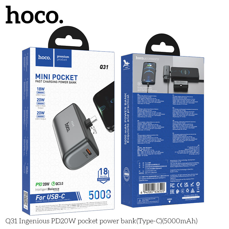 Portable HOCO Q31 Power Bank for smartphones and tablets with fast charging
