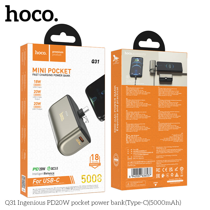 HOCO Q31 Ingenious PD20W 5000mAh Pocket Power Bank (Type-C) - Fast Charging & Portable